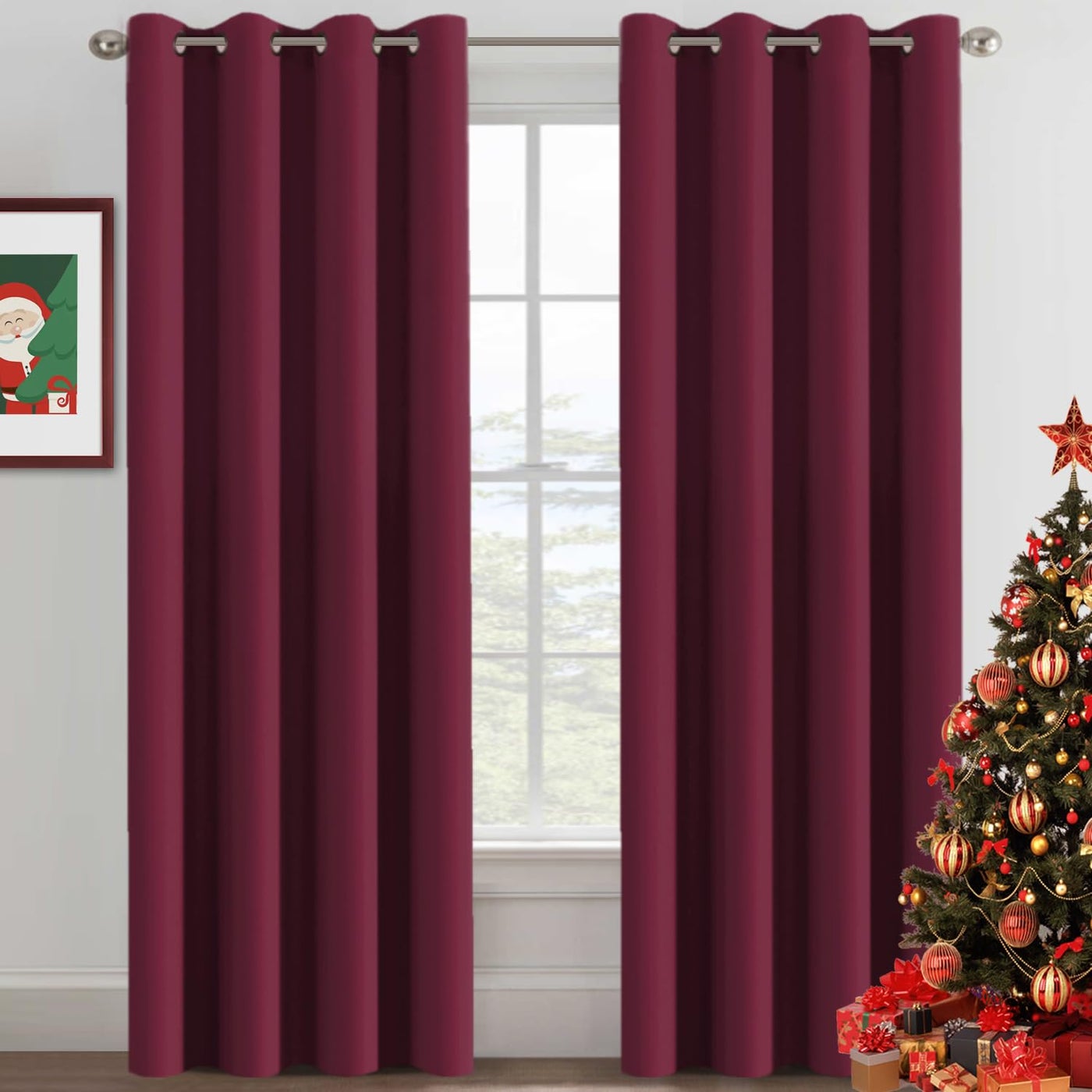 H.VERSAILTEX Christmas Curtain for Living Room Thermal Insulated Window Treatment Curtain Extra Long 108 inch Length Energy Saving Solid Grommet Blackout Drape, One Panel, Burgundy Red，52" W x 108" L